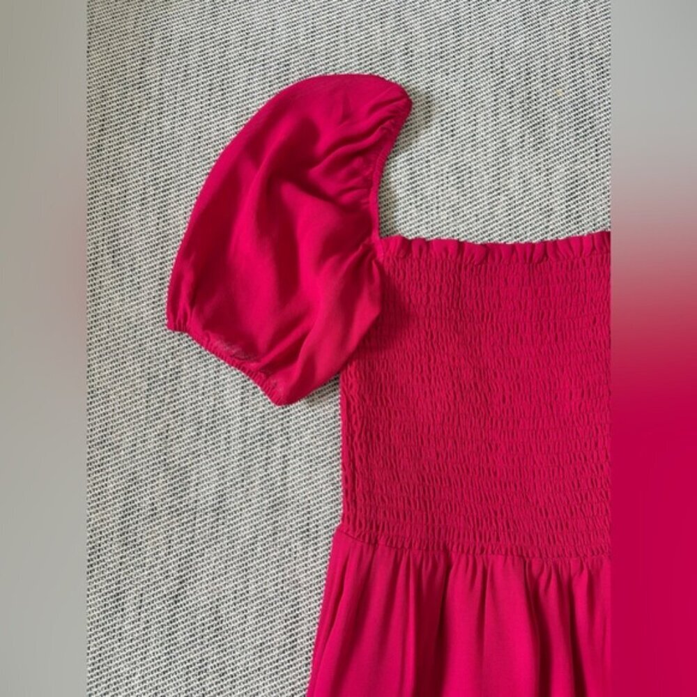 NEW Reformation Meadow Puff Sleeve Smocked Midi Dress Rhubarb Pink Red | size S - Picture 8 of 13